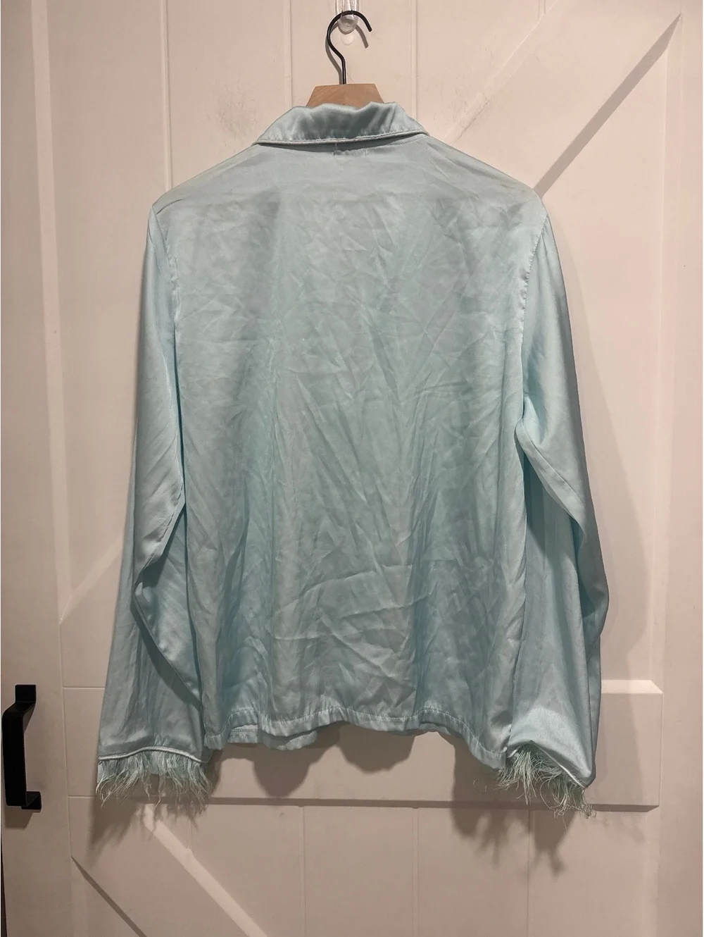 Lola + The Boys Sky Feather Silky Set in Light Blue with Faux Feather Trim, L
